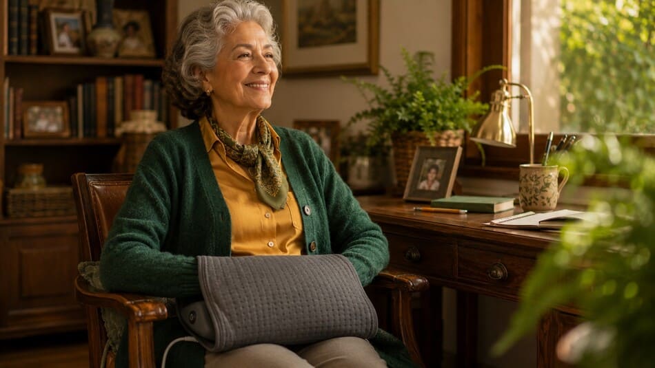 Una mujer mayor sentada junto a un escritorio de madera oscura, sonriendo aliviada mientras usa una envoltura térmica en sus manos