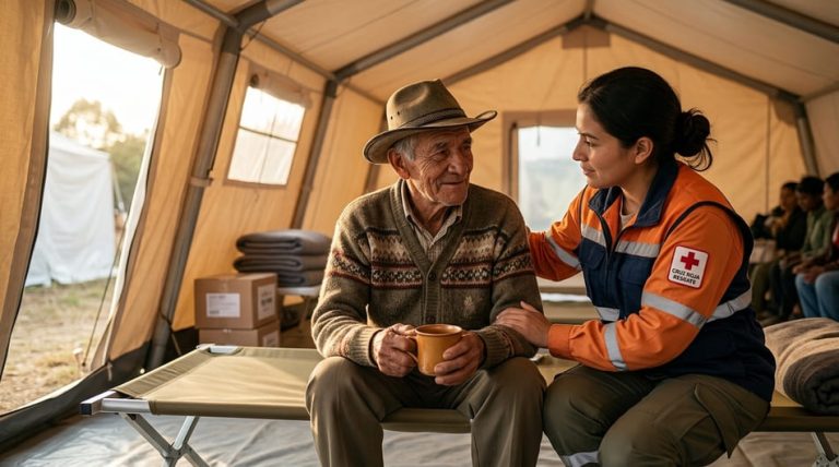 Adulto mayor recibiendo asistencia en albergue tras el terremoto en Colombia.