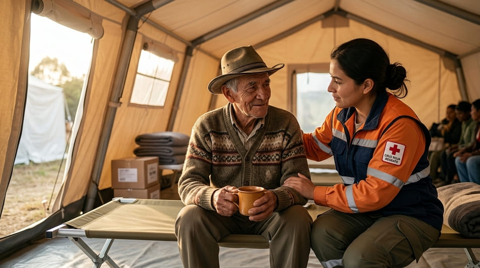Adulto mayor recibiendo asistencia en albergue tras el terremoto en Colombia.