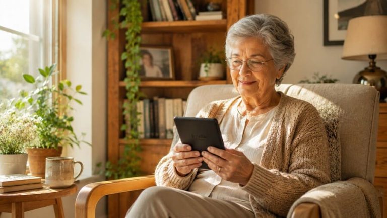 Adulto mayor disfrutando de la lectura con una tablet de tinta electrónica en un salón iluminado y acogedor con texturas de madera natural.