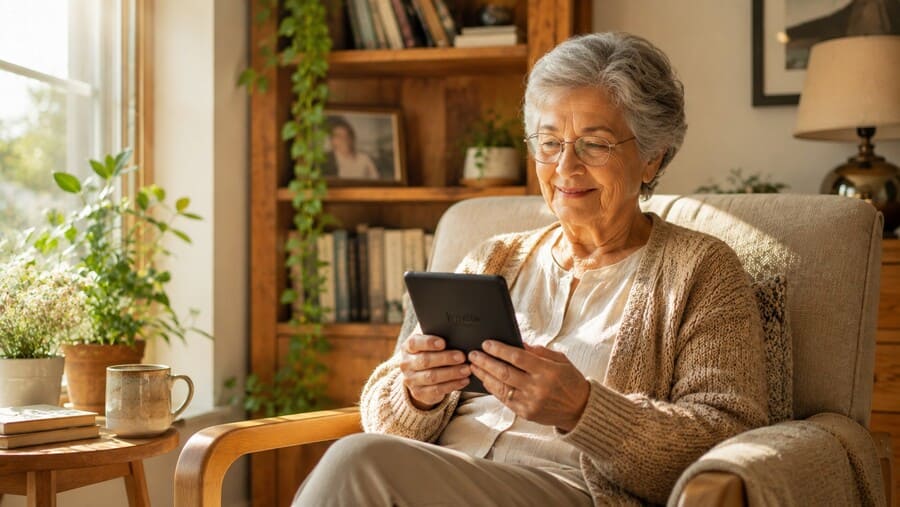 Adulto mayor disfrutando de la lectura con una tablet de tinta electrónica en un salón iluminado y acogedor con texturas de madera natural.