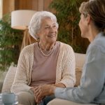 Adulto mayor conversando sonriente con un familiar en una sala de estar cálida y luminosa.