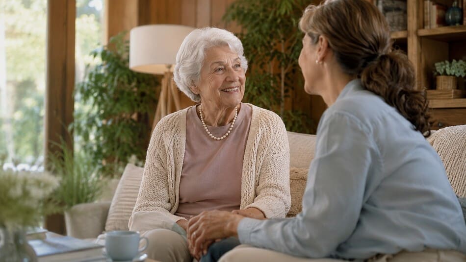Adulto mayor conversando sonriente con un familiar en una sala de estar cálida y luminosa.