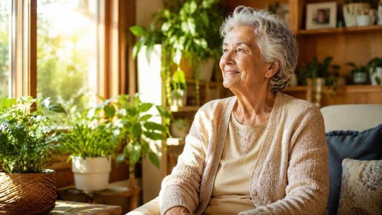 Persona mayor sonriendo plácidamente junto a una ventana luminosa en un salón cálido con plantas y elementos de madera natural.