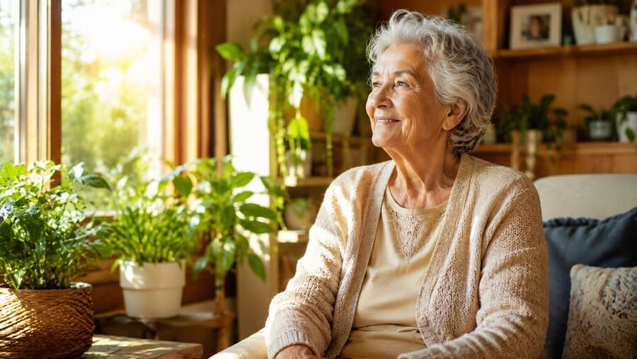 Persona mayor sonriendo plácidamente junto a una ventana luminosa en un salón cálido con plantas y elementos de madera natural.