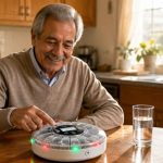 Adulto mayor sonriente sosteniendo su dosis diaria con un dispensador automático de medicamentos sobre la mesa de madera