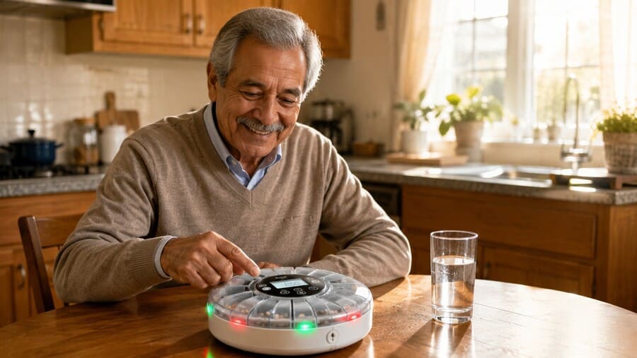 Adulto mayor sonriente sosteniendo su dosis diaria con un dispensador automático de medicamentos sobre la mesa de madera