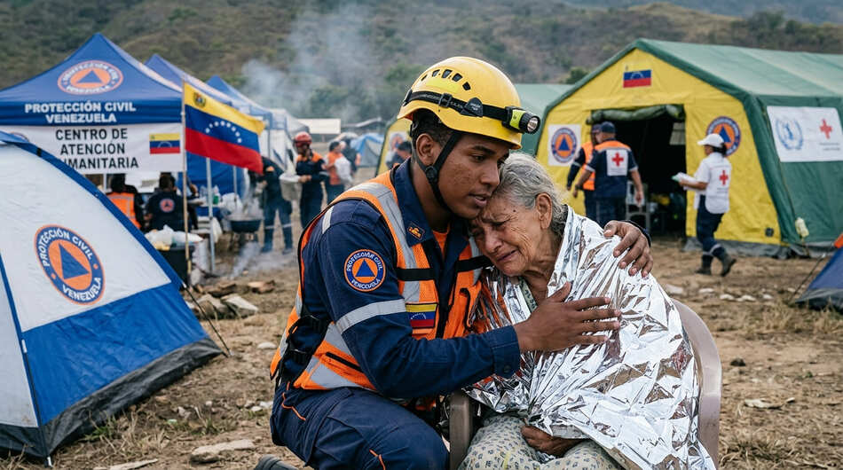 Personal de Protección Civil atiende a una abuela evacuada en Venezuela tras el terremoto.