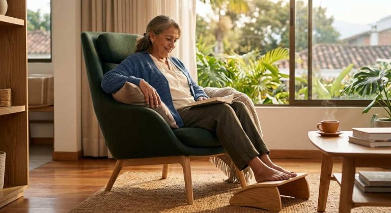 Adulto mayor utilizando accesorios ergonómicos para seniors en un ambiente hogareño luminoso.