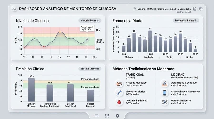 Gráfico comparativo de sistemas de monitoreo de glucosa en adultos mayores