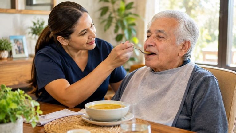 Disfagia y nutrición médica aplicada en el cuidado seguro de adultos mayores durante la alimentación en casa.
