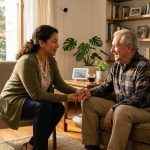 Dispositivos de seguridad para alzheimer instalados en un hogar cálido y seguro para adultos mayores.