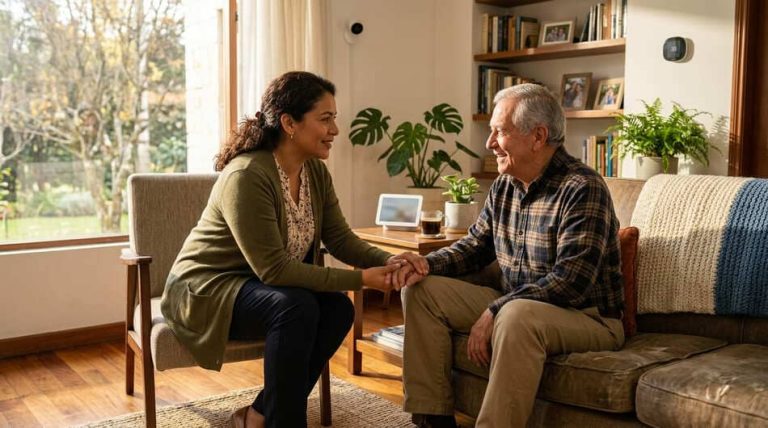Dispositivos de seguridad para alzheimer instalados en un hogar cálido y seguro para adultos mayores.