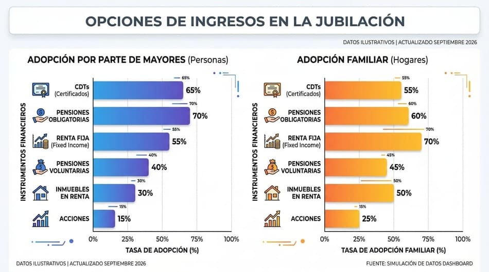 Gráfico de barras minimalista que ilustra las opciones de ingresos y seguridad en la vejez.