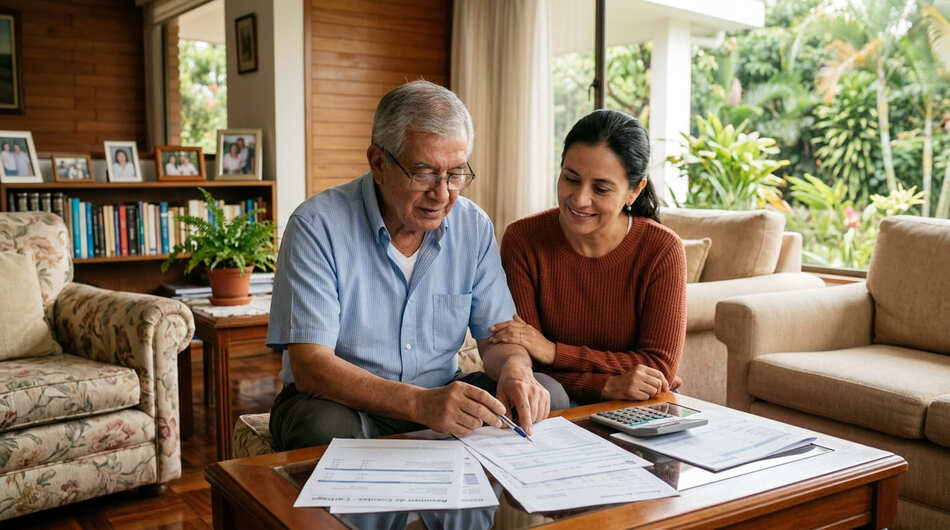 Adulto mayor revisando documentos financieros junto a un familiar en una sala hogareña iluminada.