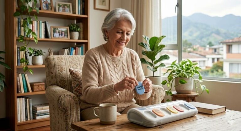 Adulto mayor organizando sus medicamentos con apoyo de un pastillero moderno en un hogar luminoso.