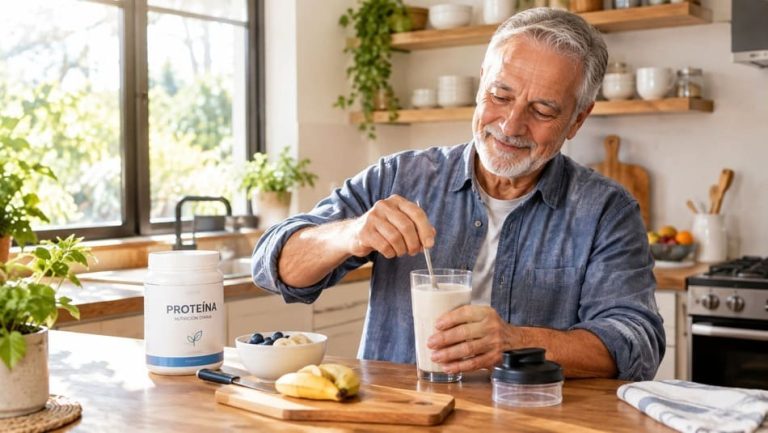 Adulto mayor preparando un batido proteico en una cocina hogareña luminosa.