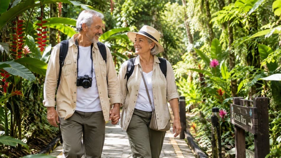 Pareja senior disfrutando de un viaje accesible y seguro en un entorno turístico natural.